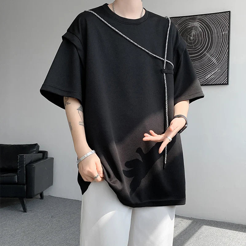 saferido Hip Hop T-shirts Men Simple Popular Korean Style Bandage Design Loose Individual Chic Comfortable Patchwork Students Summer Tees