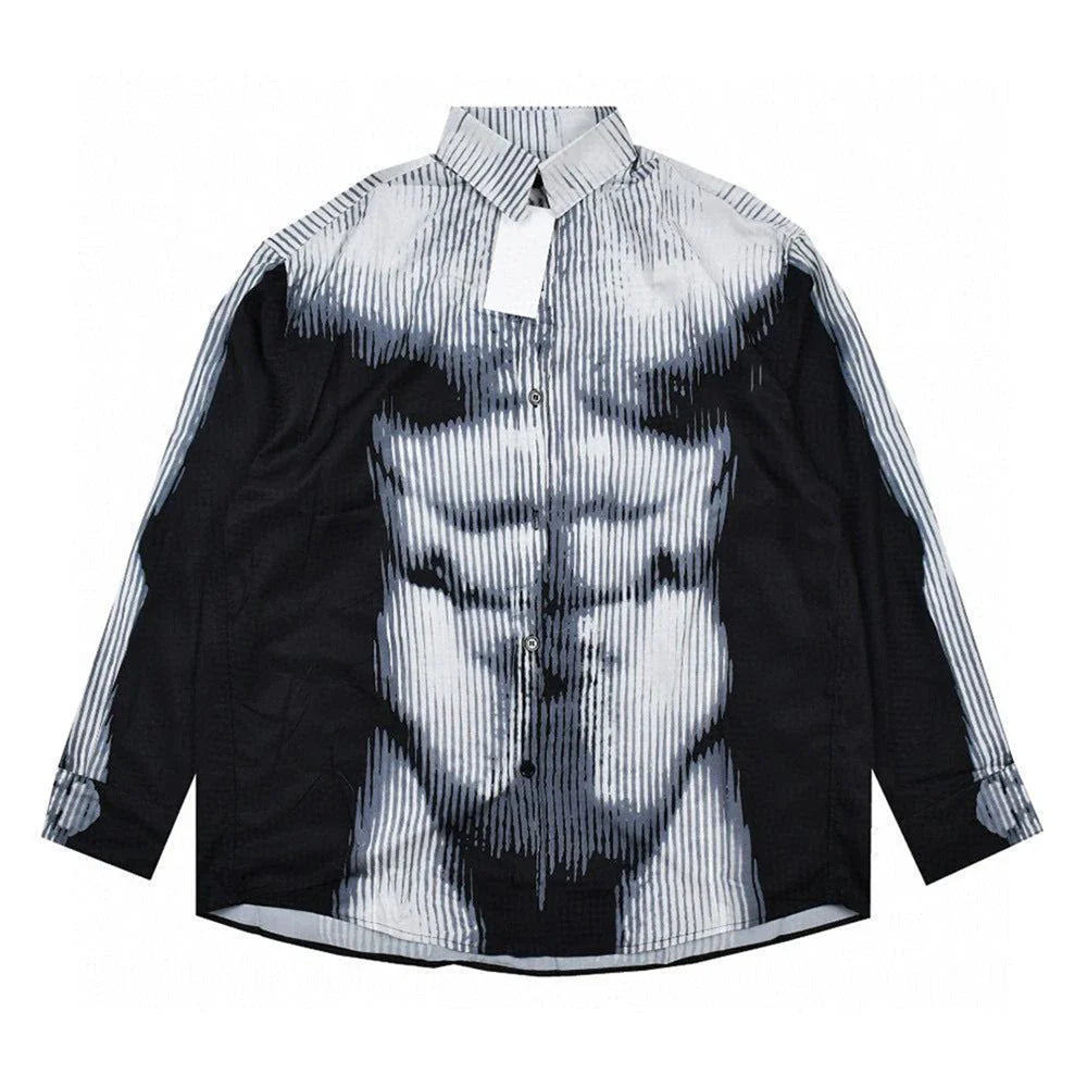 Autumn Men's Red And Green Gradient Body Print Shirt Abstract Art Trend Casual Loose Comfortable Simple Thin Long-Sleeved Shirt