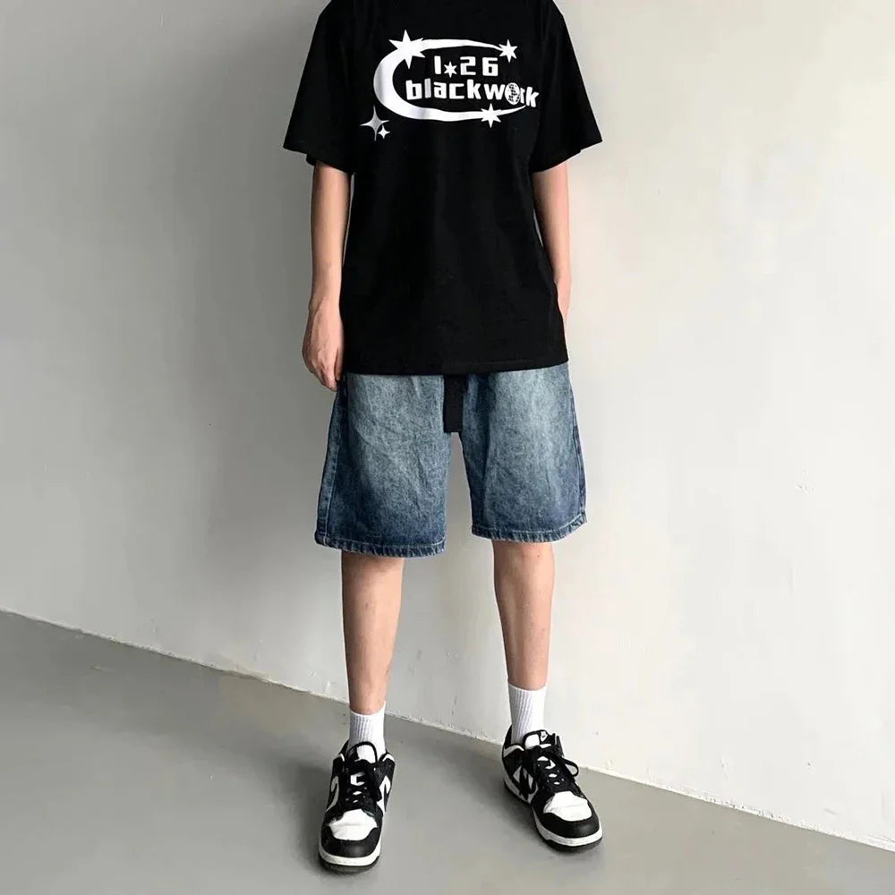 saferido Y2k Streetwear Sports Casual Jeans with Belt for Men Spring Summer New Genderless Fashion Loose Denim 5-point Pants Unisex