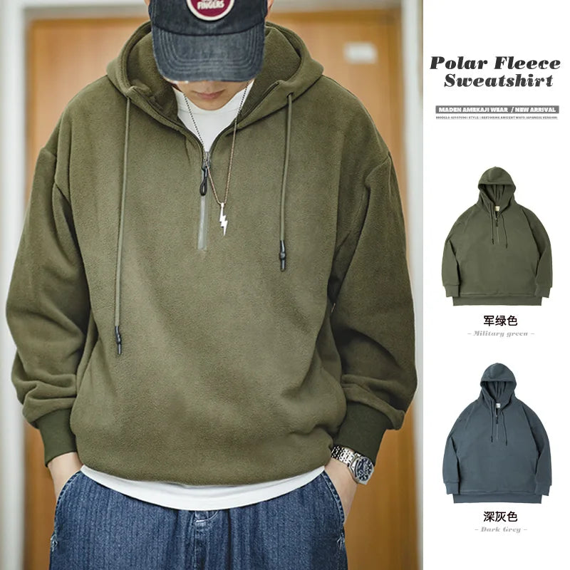 saferido Autumn Vintage Half Zip Fleece Hoodie Men's Dark Grey Warm Padded Sweatshirt Amekaji Army Green Oversize Pullover