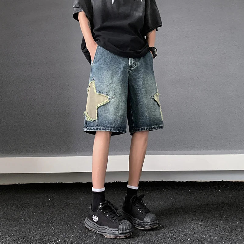 saferido Patch embroidered denim shorts for men's summer American high street capris casual breeches loose fitting youth pants