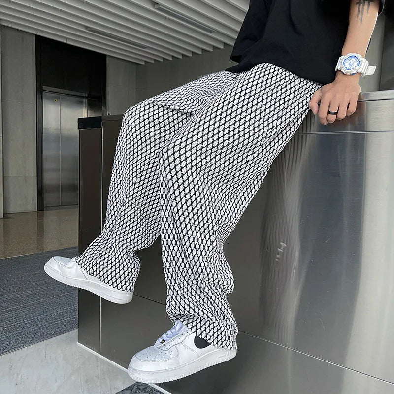 saferido Summer Ice Silk Pants Men Oversized Retro Plaid Pants Men Japanese Streetwear Loose Wide Leg Pants Mens Pleated Trousers M-5XL
