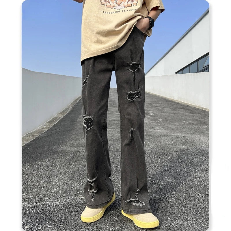 saferido American High Street Vibe Micro Flared Pants Men Stretch Ripped Jeans Loose Fashion Straight Streetwear Fall Guys Black Jean Men