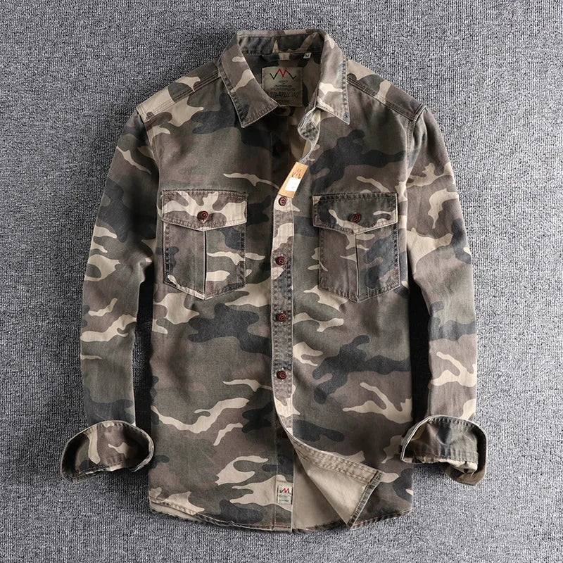 Spring Autumn New Men's Wash Camouflage American Tooling Long-Sleeved Shirt Double Pocket Everything Casual Military Youth