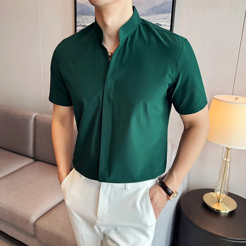 Chinese Style Standing Collar Short Sleeved Men Shirt Summer Solid Casual Elastic Slim Fit Shirt Fashionable Men Clothing