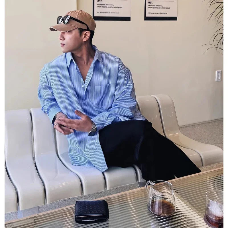 Unisex Oversized Striped Shirt Coat Men's Long Sleeve Casual Loose Fit Fashion Japanese Korean Style Sun Protection Clothing