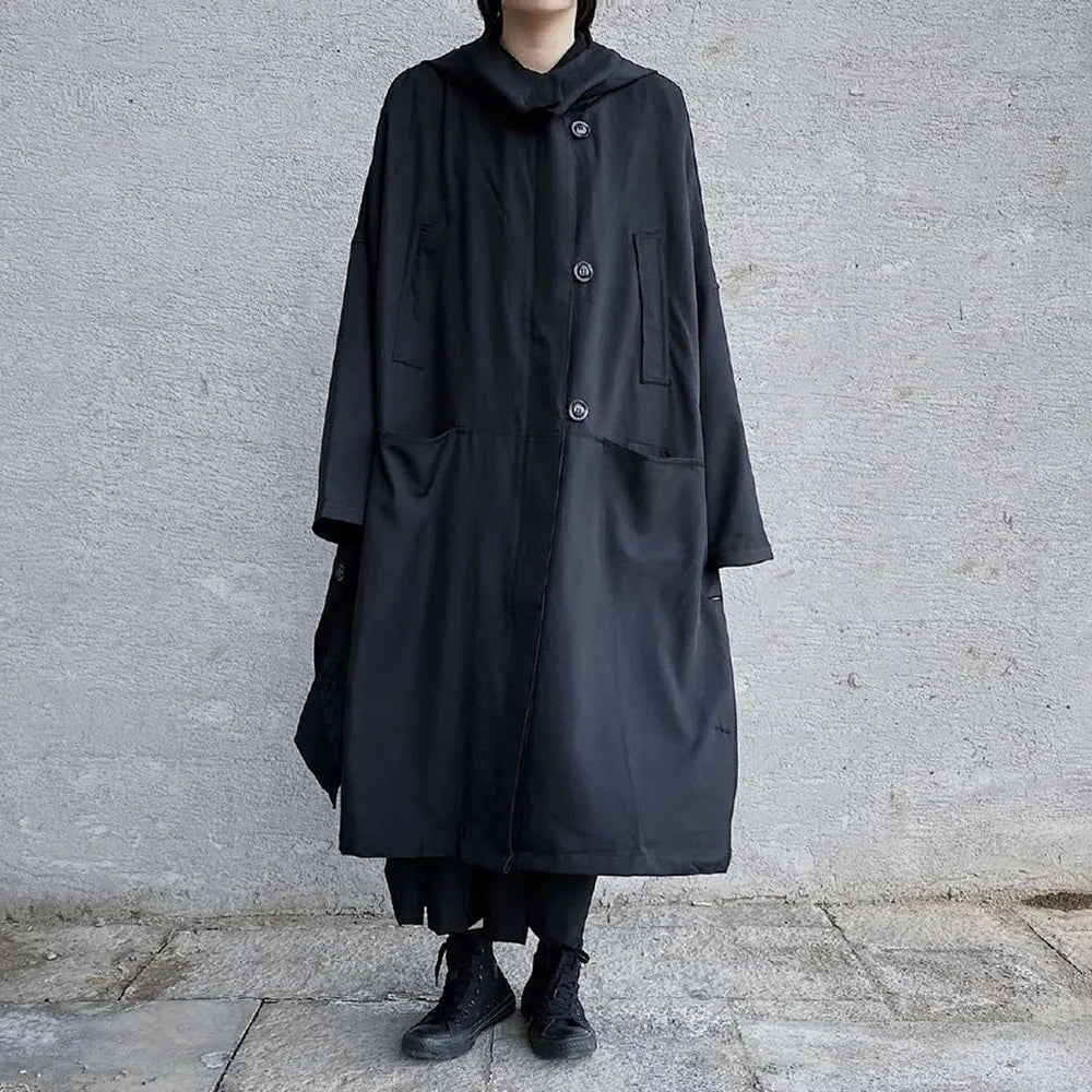 saferido Dark British Style Long Hooded Zipper Windbreaker Streetwear Personality Temperament Versatile Oversized Coat 2024 Autumn Unisex