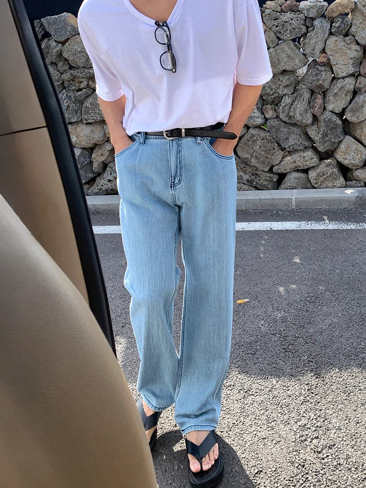 saferido Men's Straight Leg Denim Pants 2024 Summer New Korean Retro Fashion Loose Casual Male Mid-length Jeans Elastic Waist