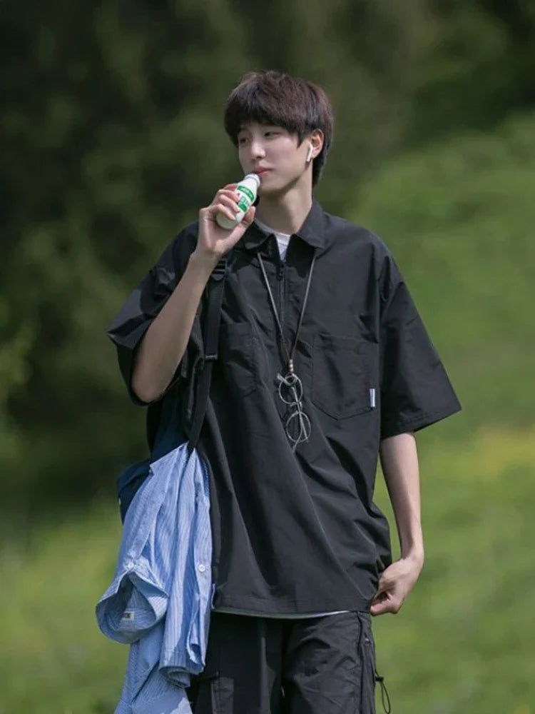 saferido Japanese Half Zip Lapel Shirt Men's Summer Trend Vintage Brown Short Sleeve T-shirt Oversize Retro Cityboy Workwear Top