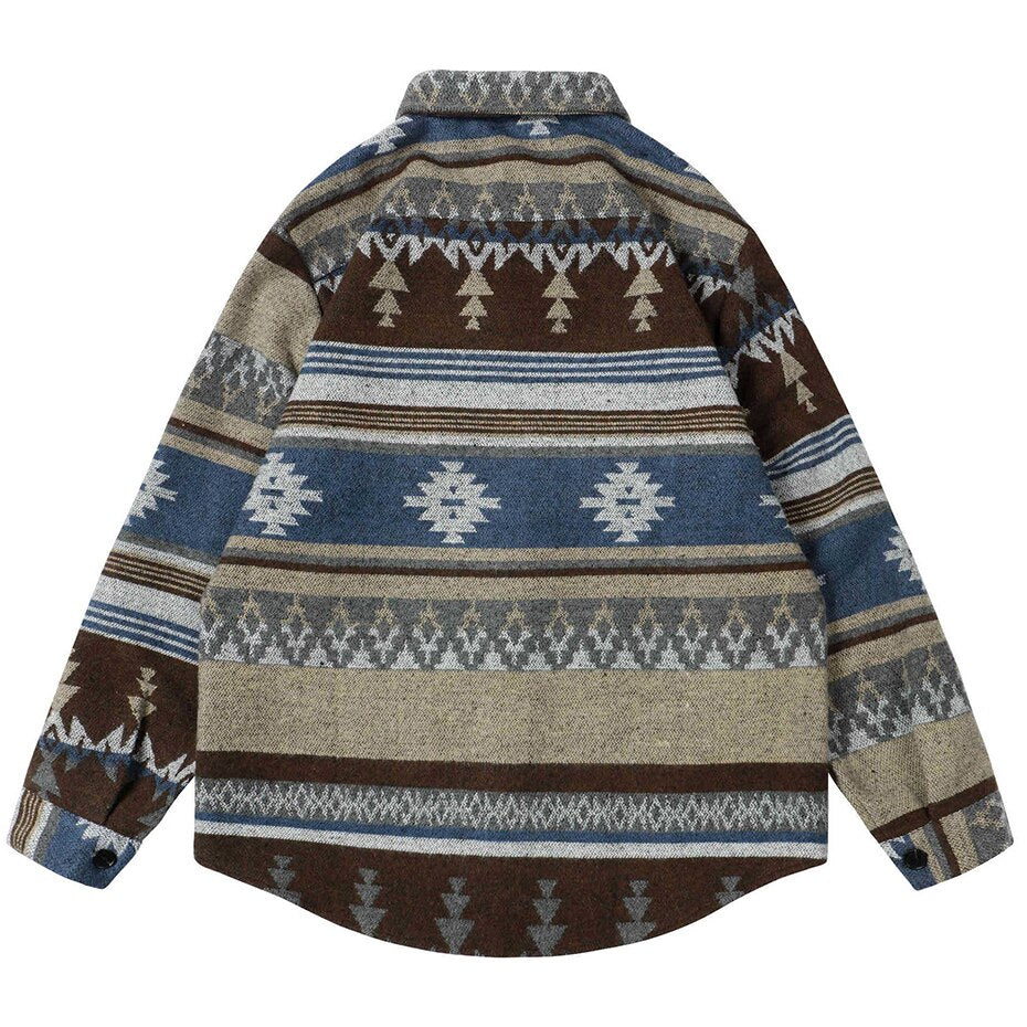 Winter Thicken Button Shirts Geometric Graphic Striped Nation Style Woolen Shirts Men's Autumn Button Up Blouse