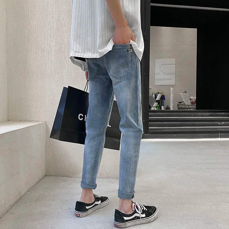 saferido Simple Blue Washed Jeans Men's Casual All-match Fashion Slim Pencil Pants Wear-resistant Spring Summer Stretch Denim Pants Thin