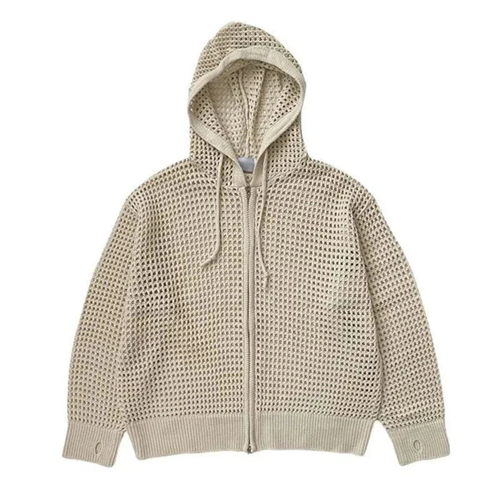 saferido Y2k Knitted Cardigan Men's Hollow Design Zipper Hoodie Outerwear Autumn Fashion Oversized Loose Sexy Long Sleeve Sweater Jacket
