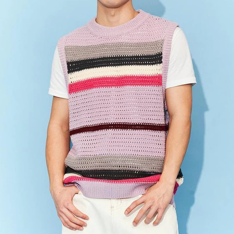 Men's Clothing Loose Pullovers Round Neck Simplicity Handsome Hollow Out Solid Color Patchwork Fashionable Casual Sweater