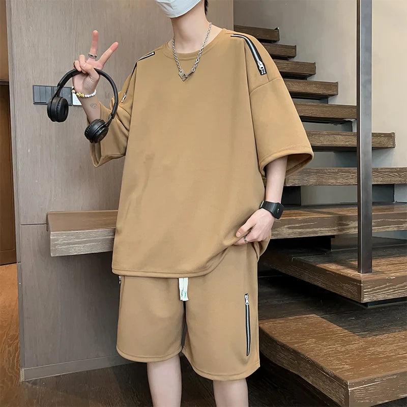 saferido Oversized Tracksuit Men New Korean High Street Fashion Zipper Design T-shirt Shorts Two Pieces Sets Mens Streetwear Men Clothes