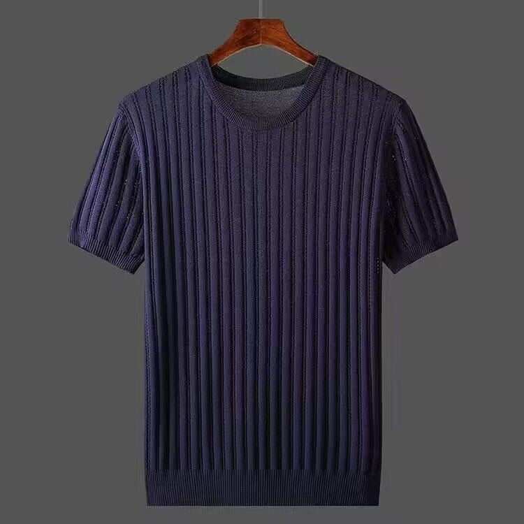 Summer Men T-shirt Knitted Short Sleeves Top Sweater Men's Solid Color O-neck Pullover Thick Slim Knitted Tees D215