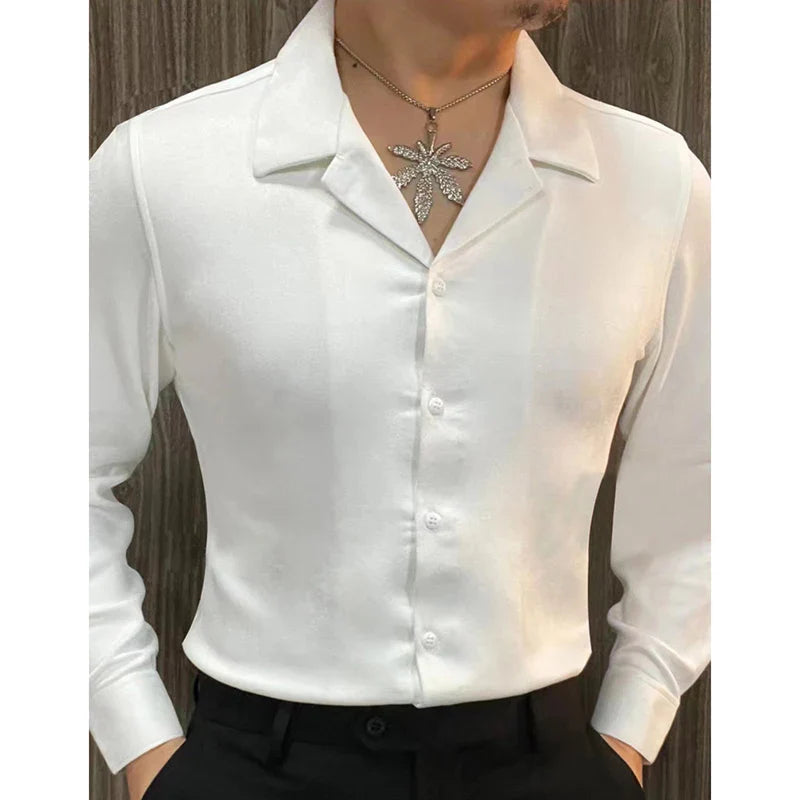 saferido Spring Cuban Collar Casual Long Sleeve Shirt For Men British Luxury Solid Color Shirt Business Formal Dress Shirt Camisa Hombre