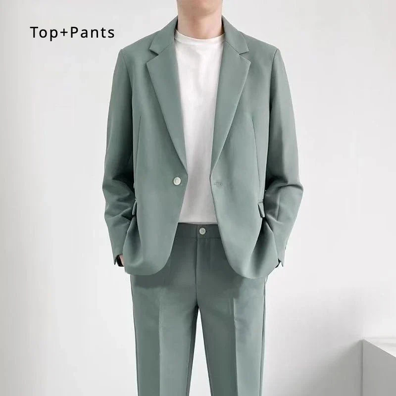 S-6XL Men's Business Casual Suit Korean Style Trendy Slim Fit 2 Piece Set Solid Color (Blazer+ Pants )Groom Wedding Dress Party