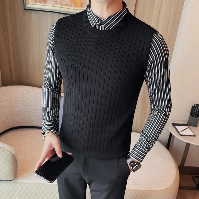 saferido New Style Men Spring High Quality Fake 2 Pieces Knitted Sweaters/Male Slim Fit Fashion Shirt Collar Pullover Man Casual Sweater
