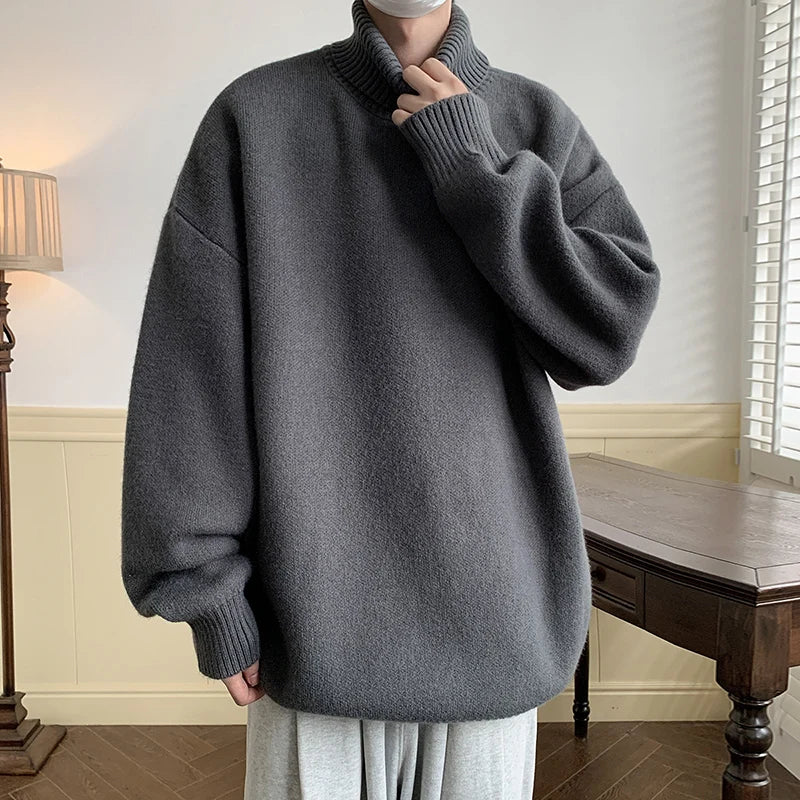 saferido Men's Turtleneck Sweater Pullover Men Loose Casual Harajuku Korean Fashion Mens Oversized Sweater Fashion Thicken Warm Sweaters