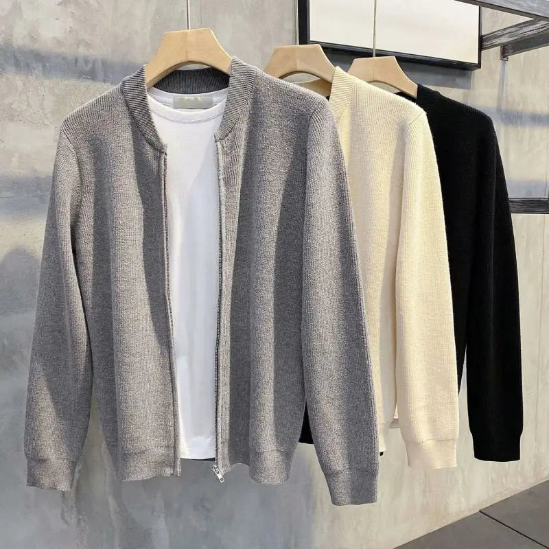 New Spring and Autumn Korean Edition Trend Stand Collar Solid Color Pit Stripe Slim Fitting High-end Men's Sweater Cardigan