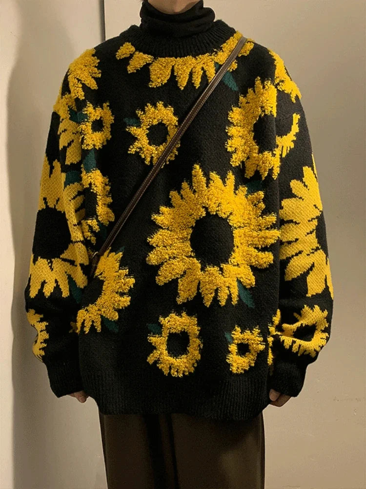 Flocking Floral Sweaters Men Baggy Spring Autumn Japanese Style Retro High Street Harajuku Knitwear Slouchy Ins