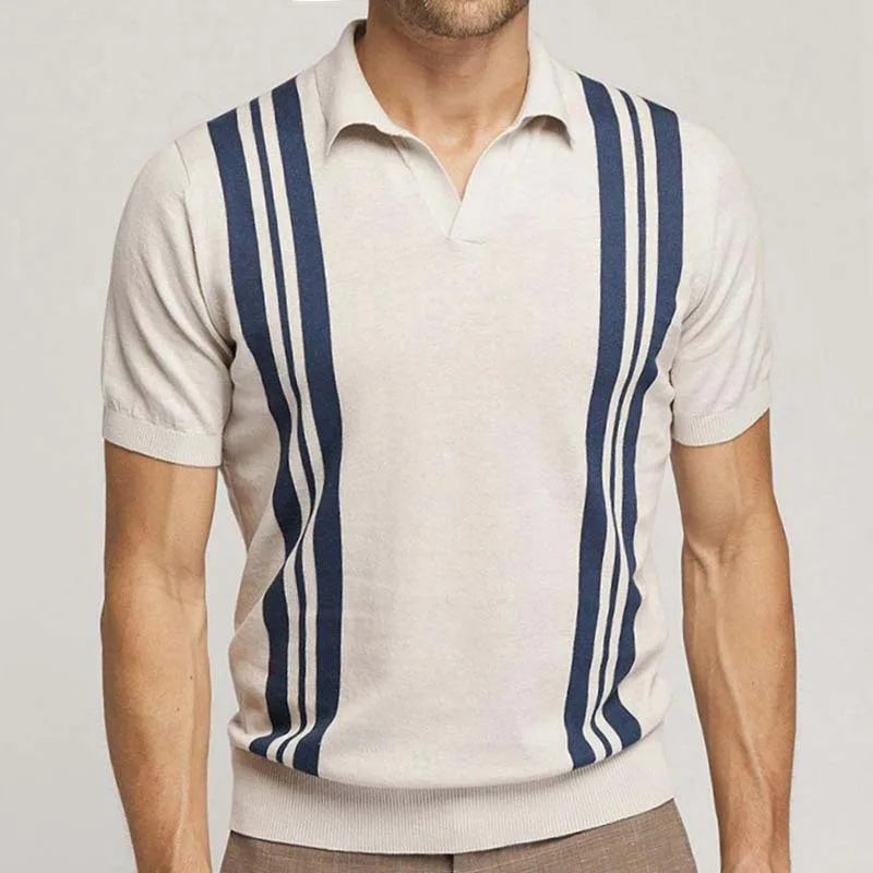 Men's Summer Casual Stripe Shirts Knitted Vintage British Breathable Patchwork Short Sleeve Jacquard Business Polo Shirt