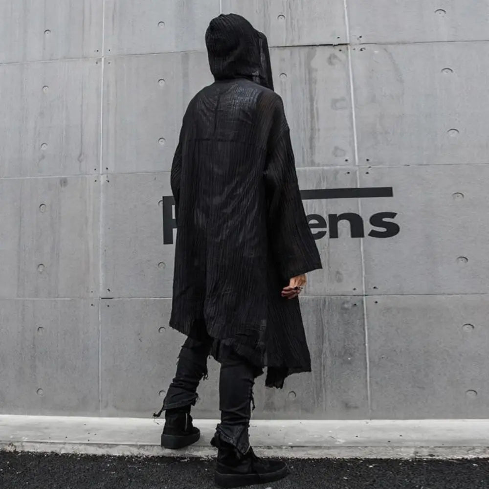 saferido Nightclub DJ Singer Punk Rock Hip Hop Long Shirt Black Hooded Cloak Cardigan Men Pleated Woven Cotton Blouse Gothic Vintage