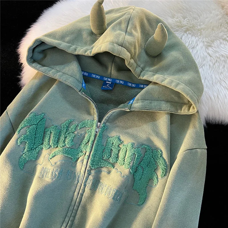 saferido Y2k Little Cute Devil Horns Zip Up Hoodie Women Men Fall Long Sleeve Flocking Letter Hoodies Casual Zipper Oversized Jacket Coat