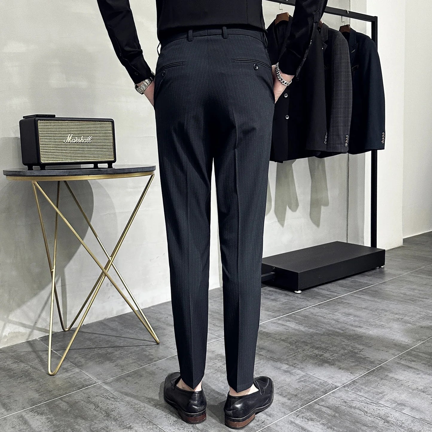 saferido Korean style Fashion Striped Suit Pants for Men Formal Business Dress Pants Korean Slim Fit Classic Casual Trousers 36 38