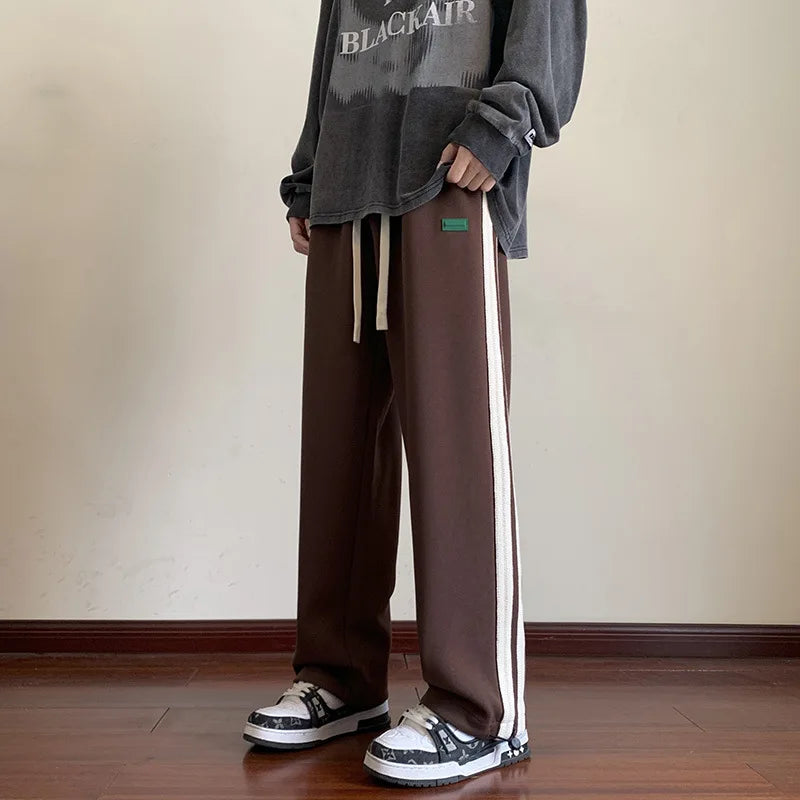 saferido Men's Striped Slit Pants Spring Autumn Straight Wide Leg Trousers High Street Loose Casual Trousers Fashion Men Clothing
