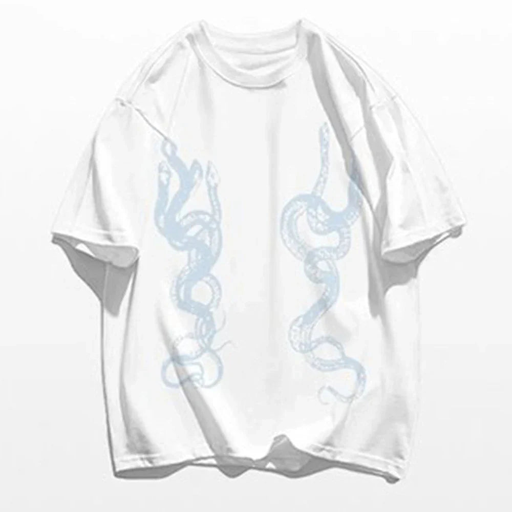 saferido Men's Casual T-Shirt Fashionable Trendy Hip-Hop High Street Y2k Retro Snake Pattern Loose Cotton Top 2024 Spring And Summer