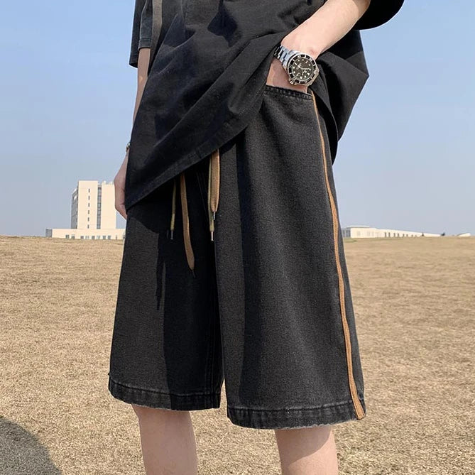 saferido Side Striped Denim Shorts Men Wide Leg Baggy Drawstring Mid-waist Summer Fitness Handsome Slouchy Knee Length Japanese Style