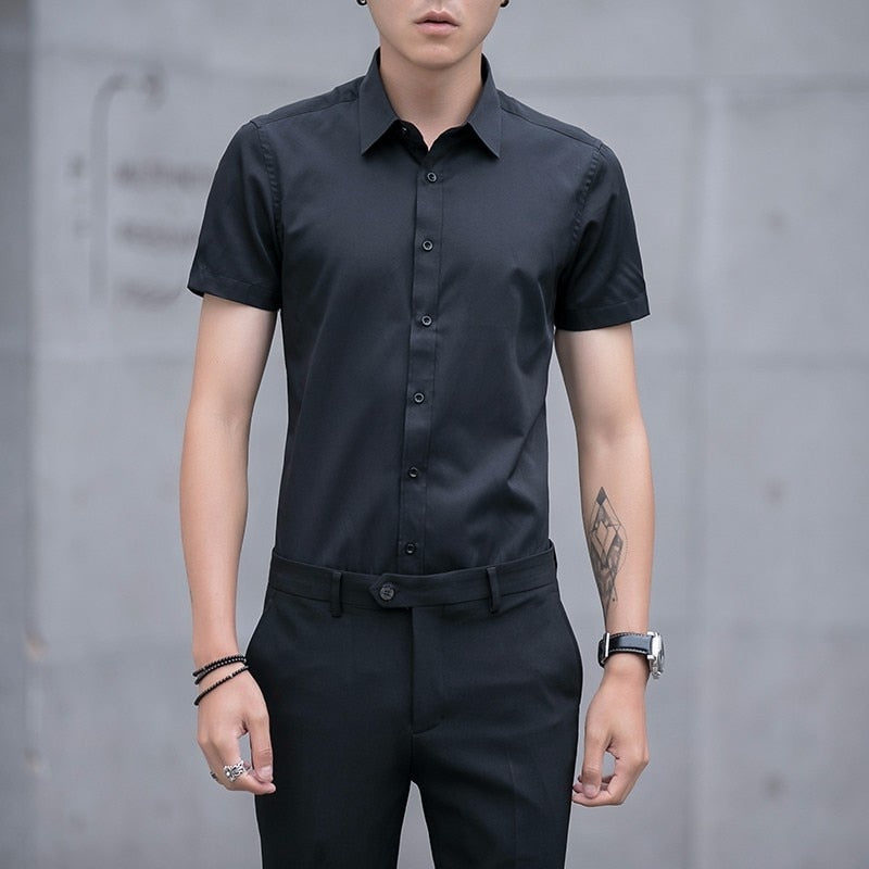 Summer Men's Slim Fitting Business Work Shirt Casual Handsome Turndown Collar Short Sleeve Shirts For Men Soild Blouses