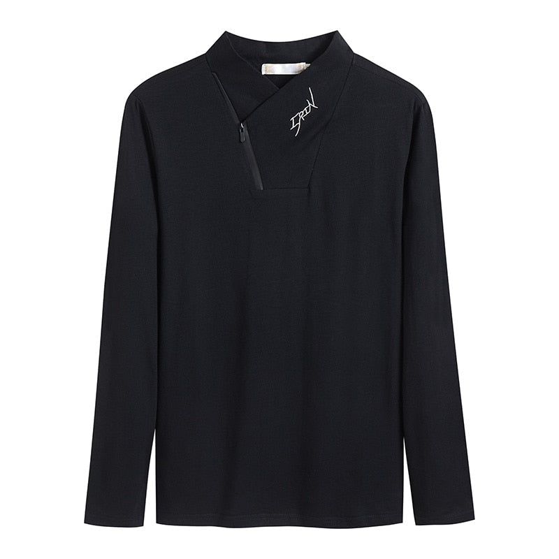 Brand New Style Cotton Men's T-shirt Long Sleeve T Shirt Men Solid Color Zipper Print Collar Oversized T Shirt