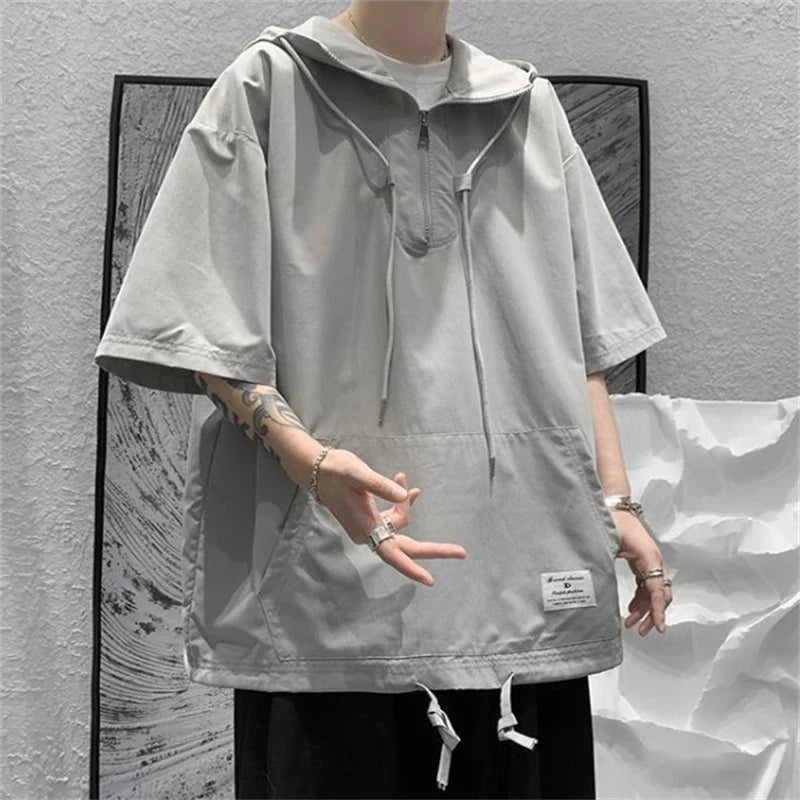 saferido Men's Summer Hoodies Casual T-shirt Solid Color Harajuku Style Hooded Tshirts Male Loose Pullovers