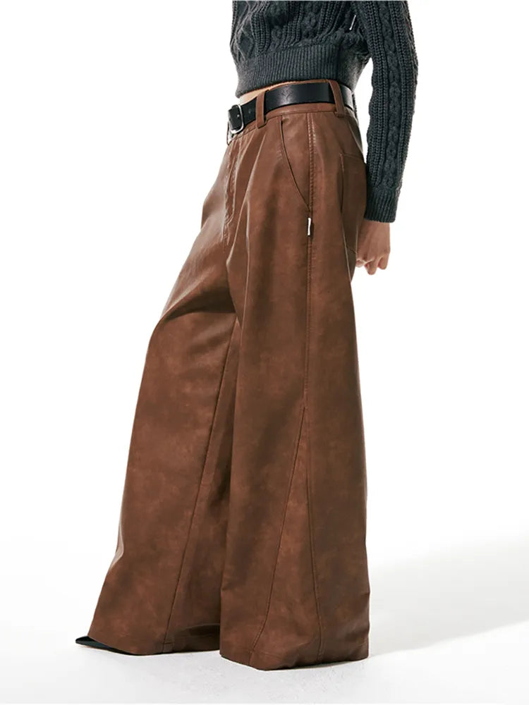 Spring Autumn Long Loose Casual Brown Pu Leather Pants Men Wide Leg LUxury Designer Unisex Trousers Fashions