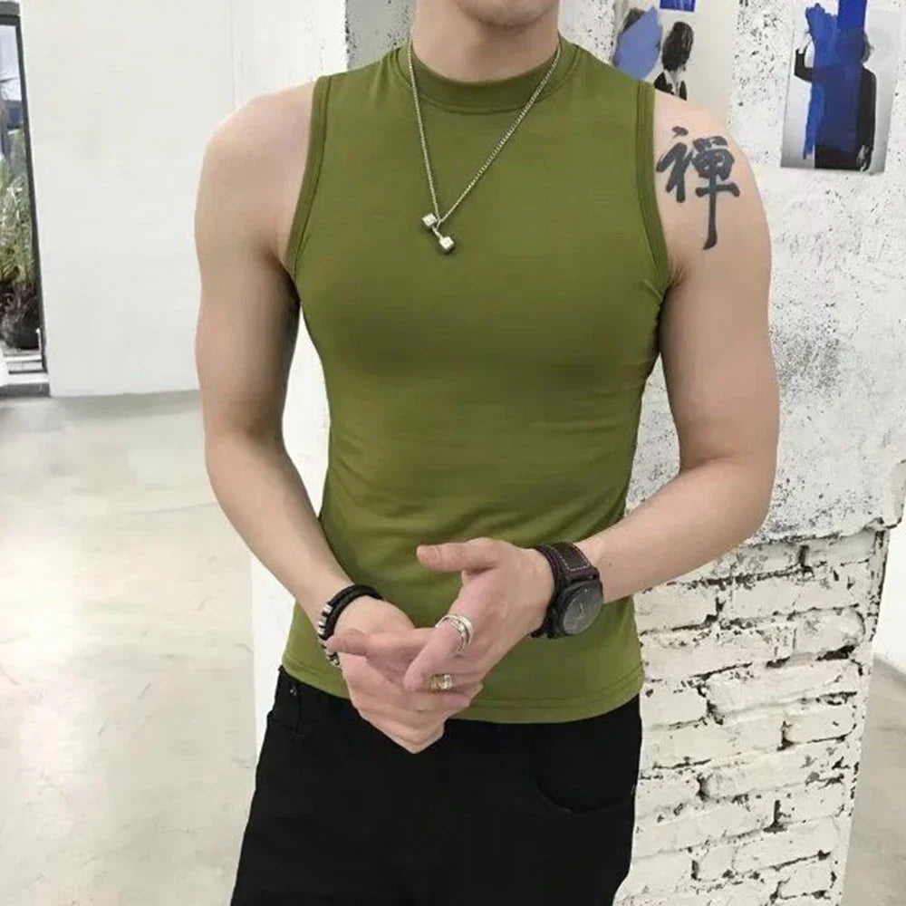 saferido Summer Vest Men's Trend Tight Stand Collar Sleeveless Sexy T-shirt Top American Slim Fitness Stretch I-word Vest Bottoming Shirt