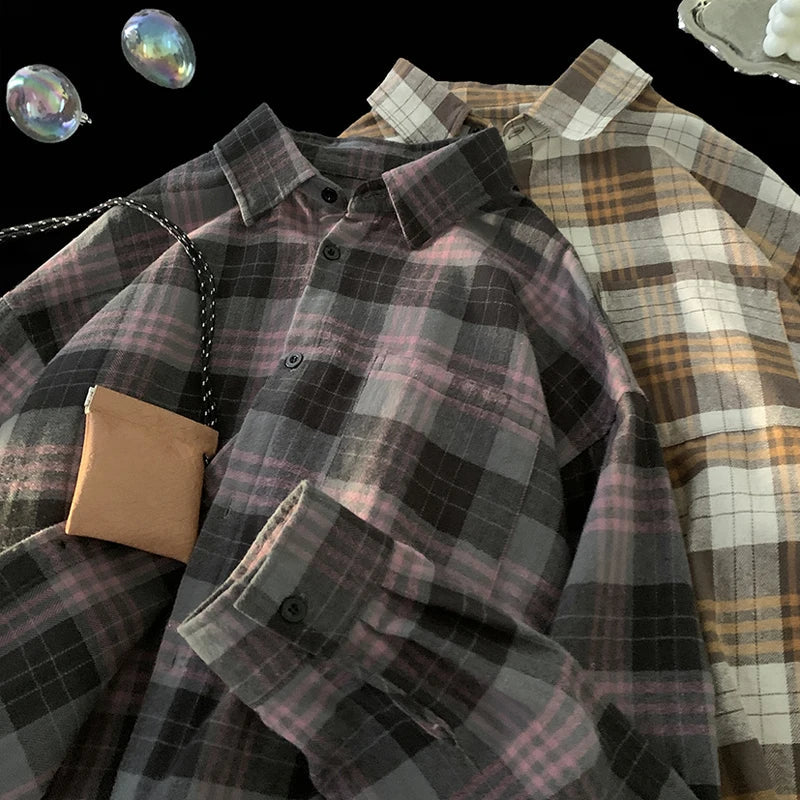 saferido Korean Street Plaid Shirt Coat Men's Long Sleeve Turn Down Collar Casual Shirts Vintage College Style Unisex Fashion Clothing