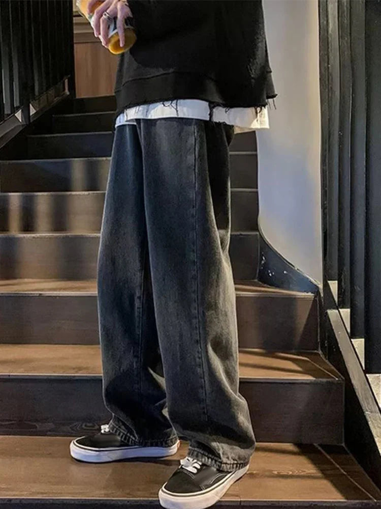 saferido Men Hip Hop Loose Straight Pants Early Spring Korean Fashion Casual Straight Oversize Wide-Leg Trousers Male Baggy Washed Pant