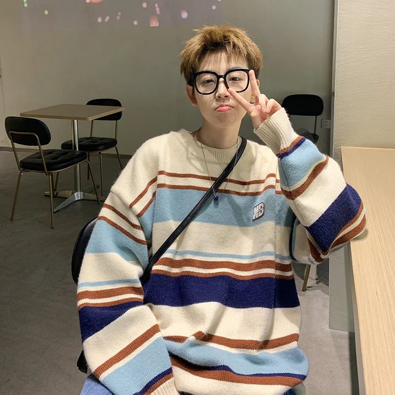 saferido Literature and Art Men's Loose Stripe Round Neck Knitwear Men's Autumn Oversize Lazy Sweater men coat winter clothes sweter