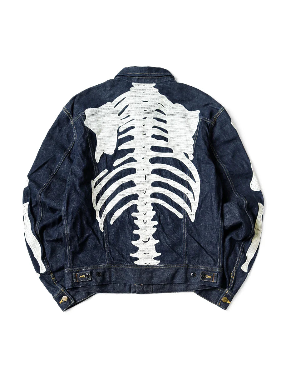 Harajuku Japanese Style Bone Embroidered Denim Jacket Men's Street Skateboard Retro Jacket Loose Casual Autumn Thin Jacket