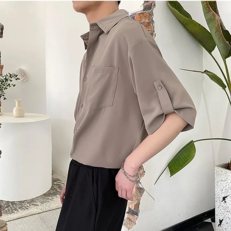 saferido Simple Korean Short Sleeved Men Summer Solid White Shirt Lapel Button Pocket Harajuku Fashion Trendy Loose Casual Thin Male Top