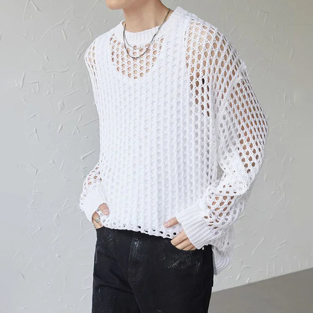 Mens Y2k Hollow Out Outfits See-Through Knit Shirts New Summer Fashion All-Match Casual Geometric Vintage Loose Smock Tops