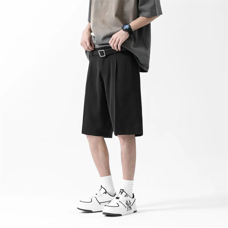 saferido Korean Men's Suit Shorts Summer New Loose Straight Ice Silk Shorts Fashion Large Casual Capris Black Grey Sports Pants 5XL