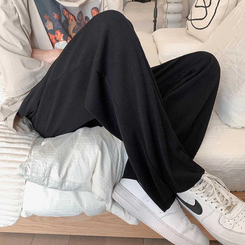 saferido Summer Pleated Pants Men Oversized Gray Black Casual Trousers Men Japanese Streetwear Loose Wide Leg Pants Mens Ice Silk Pants