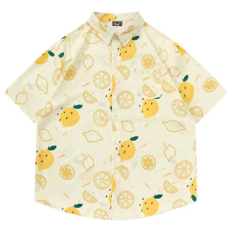 Fruit Lemon Print Summer Hawaiian Shirt Men Women Harajuku Vintage Loose Y2K Short Sleeve Aloha Shirt Korean Style Clothes