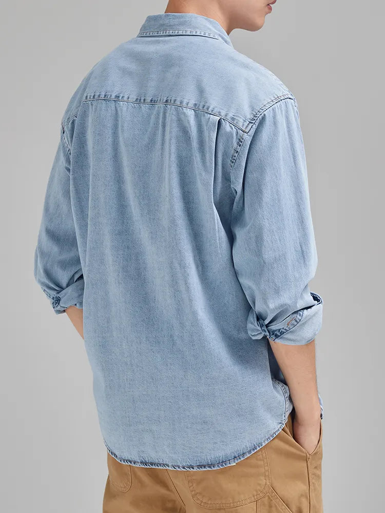 Autumn New Denim Shirt Men Classic Casual Chest Pockets Soft Cotton Long Sleeve Cowboy Loose Blue Jeans Shirts