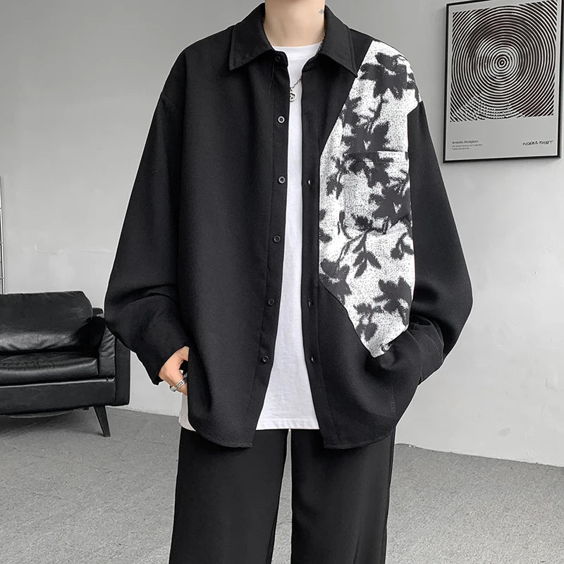 saferido Spring Autumn Long Sleeve Print Shirt Man Black/White High Street Fashion Casual Button Patchwork Harajuku All-match Blouse