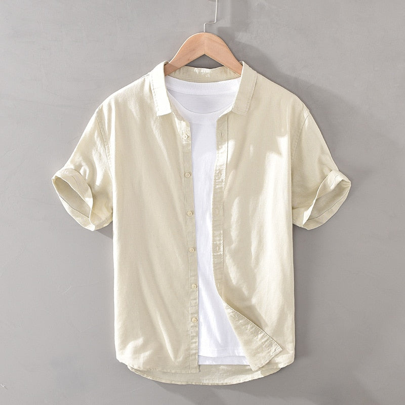 Cotton Linen Shirts For Men Casual Short Sleeve Tops Oversize Solid White Turn-Down Collar Tee Male Summer Vacation Clothing
