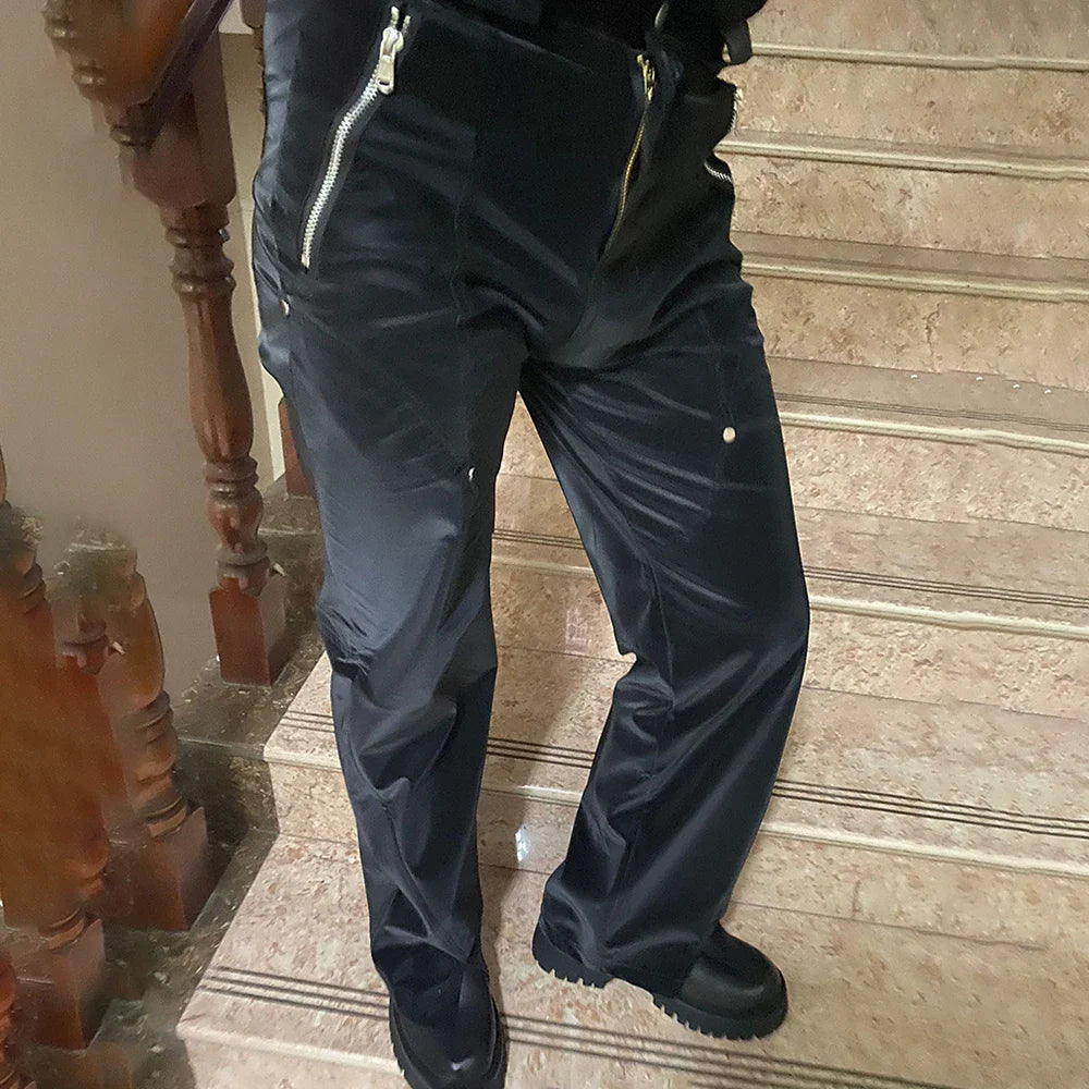 saferido Y2k Mens American Retro Design Punk Street Trousers Fashion High Waist Loose Versatile Split Liquid Leather Pants Unisex